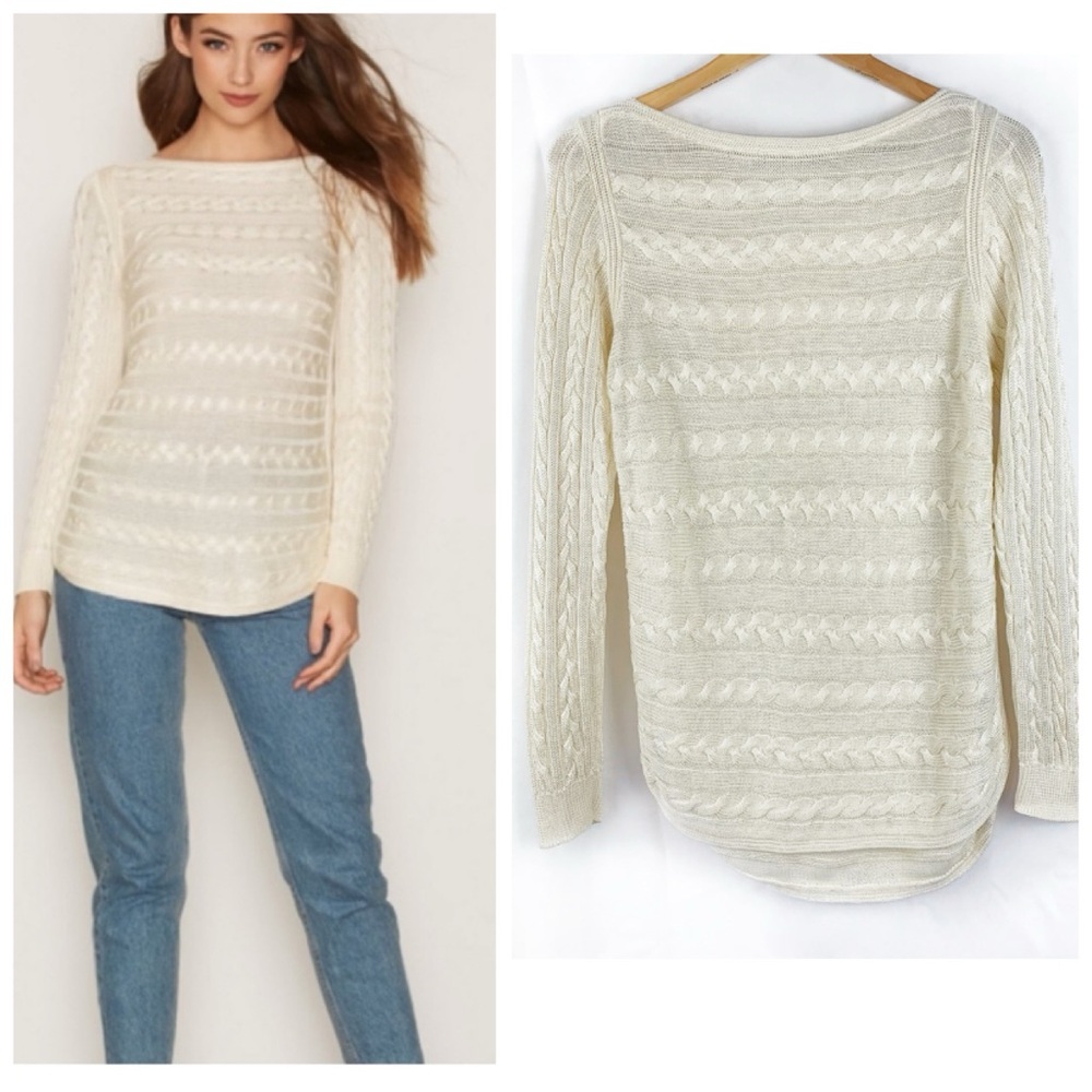 Lauren Ralph Lauren Cream Cable Knit Sweater Bateau Neckline